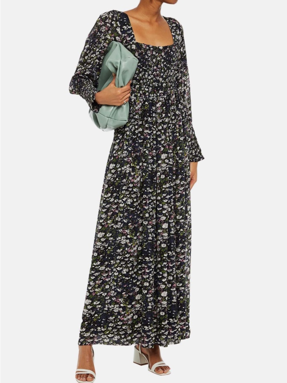 GANNI Black Floral Maxi Dress, Square Neck Long Sleeve Romantic size 8/10